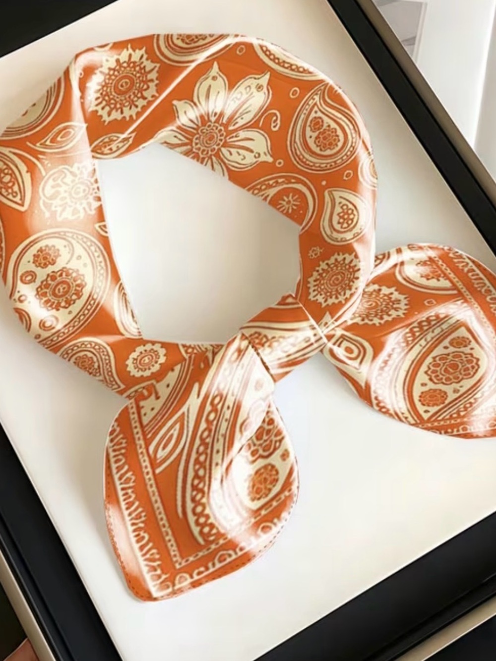 Paisley Silk-Feel Neck Scarf in Orange and Cream